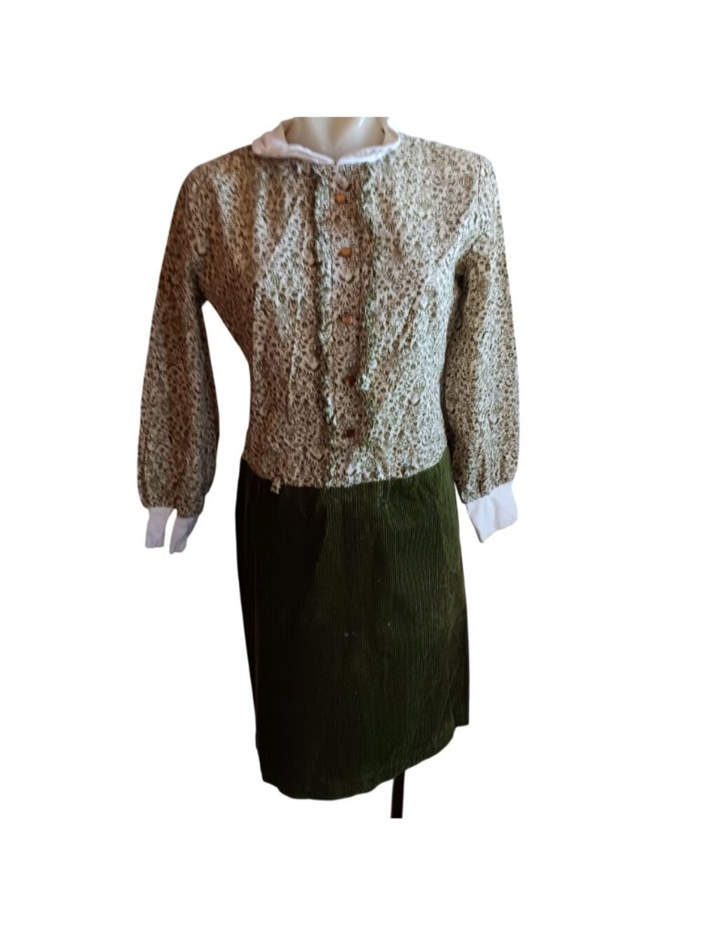 True Vintage Dress 1960's sz 8 1OF1 Green Mod Floral Button-Up Ruffle Country
